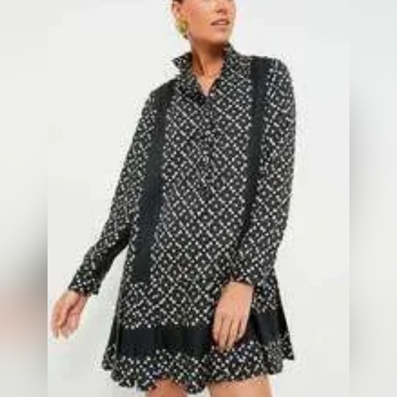 Tuckernuck Black Geo Tate Dress XS Tencel Long Sleeve Drop Waist Mini Flirty New - Picture 2 of 2